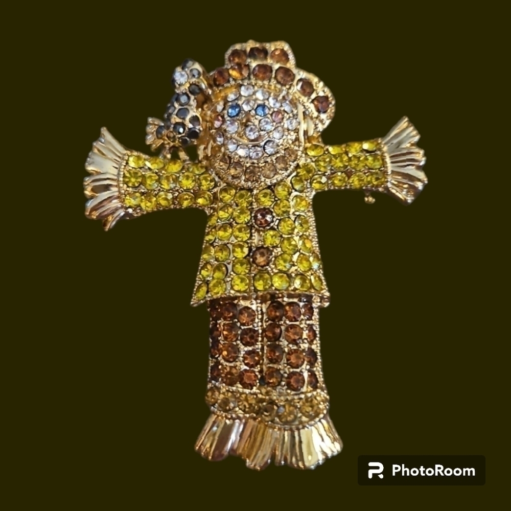 Dana Buchman Yellow and Brown Rhinestone Fall Scarecrow Brooch Pin